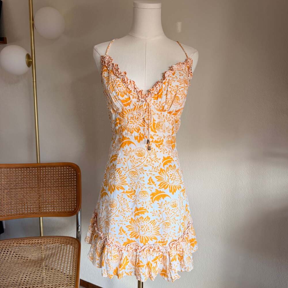 Selfie Leslie Orange White Floral Print Ruffle Mini Dress Size XL